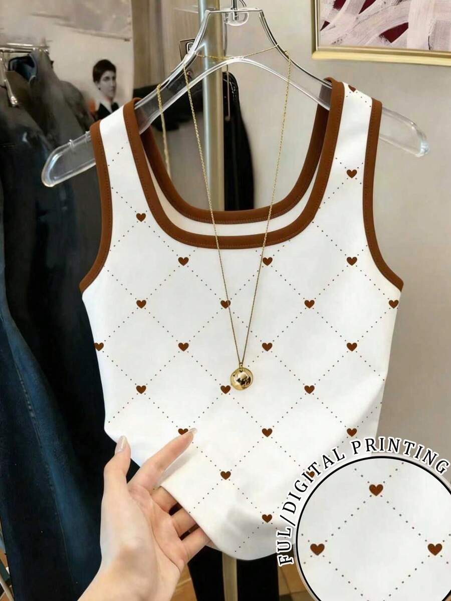 Resyla Women's Casual Heart Print Fitted Tank Top, Summer - White - View 1