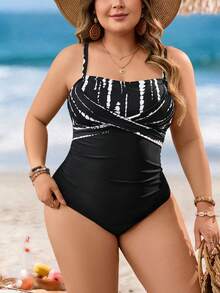 Swim Lushoire Plus Size Women One-Piece Solid Color Patchwork Black & White Polka Dot Print Spaghetti Strap Beach Vacation Bikini Swimsuit - Black and White - View 5