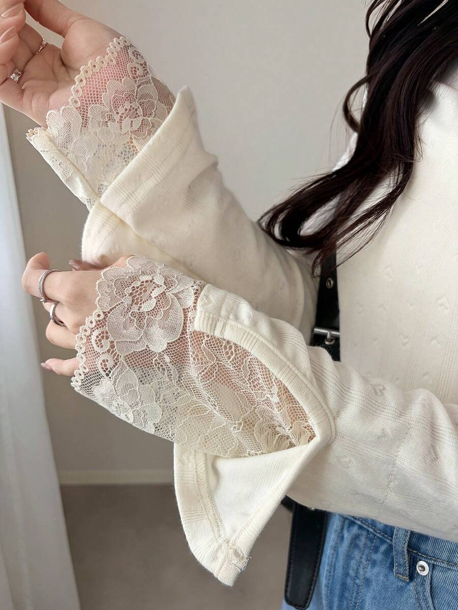 FRIFUL 女士纯色高领长袖纹理面料蕾丝拼接修身休闲百搭T恤,秋冬款 - 米色 - 查看 1