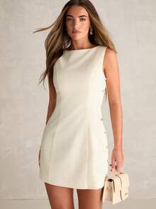 Enchnt Summer Romantic Women's White Linen Beaded Sleeveless Mini Dress,Work Outfits For Women,Sweet&Elegant For Social,Date&Party&Going Out,Summer Outfit Women,Summer Dresses For Women Cream Dress Sleeveless Dress - Beige - View 5
