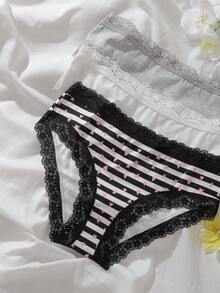 Teen Girl 3pcs Striped & Heart Print Lace Trim Brief - Multicolor - View 6