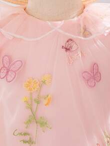 Souflis Souflis French Style New Baby Girl Princess Embroidered Mesh Petal Sleeve Dress, Suitable For Birthday Party, Evening Party, Daily Wear - Pink - View 6