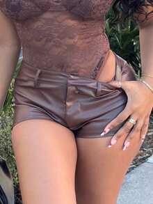 Alexandranx Women's Summer Fashion Solid Color Shorts - Coffee Brown - View 3