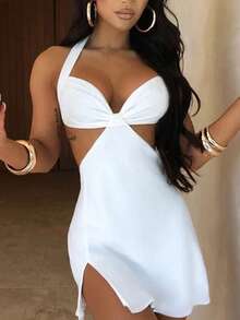 Zyxie 女式时尚休闲简约性感领带开衩迷你连衣裙 - 白色 - 查看 2