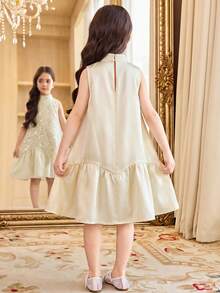 SHEIN 少女优雅无袖A字连衣裙，小立领设计，适合通勤穿着。 - 杏色 - 查看 3