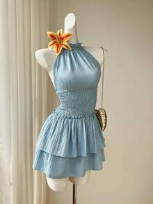 Elamini Women's Light Blue Summer Halter Backless High Stretch Waist Fitted Ruffle Hem Design Sexy Sweet Date Party Vacation Dress - Blue - View 4