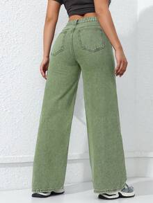 SHEIN ICON Women's Loose Fit Pockets Wide Leg Casual Versatile Denim Jeans - Green - View 3