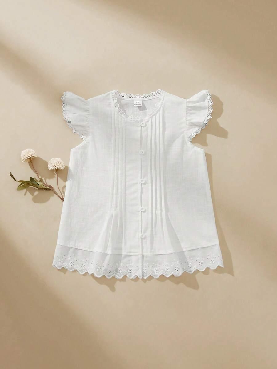 SHEIN 韩版简约百搭褶皱荷叶边短袖衬衫，适合年轻女孩日常穿着，夏季时尚单品 - 白色 - 查看 1