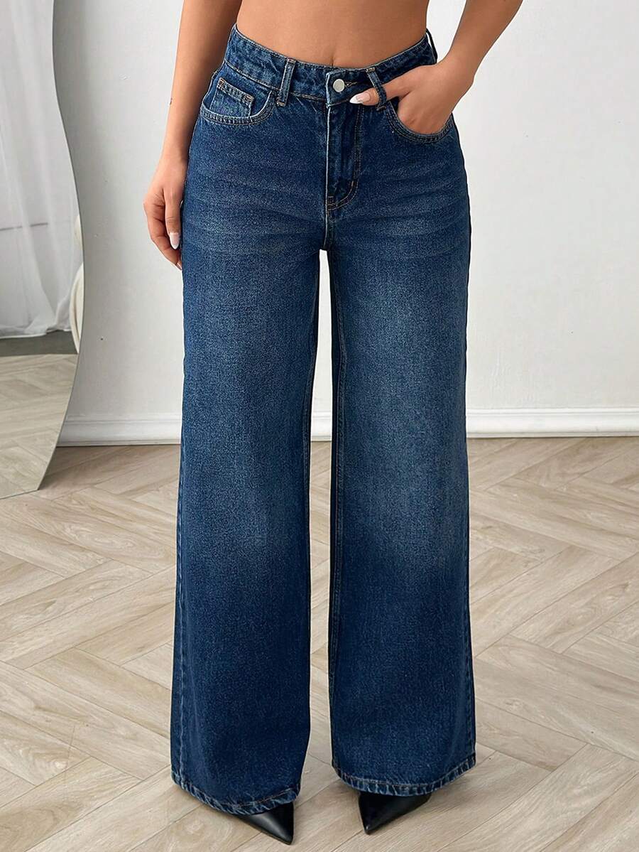 SHEIN Cottnline Damen High Rise Jeans mit Wascheffekt - marineblau - Übersicht 1
