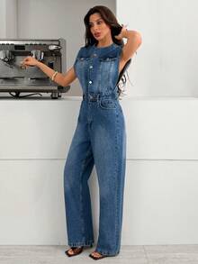 EURMUSE Women's Summer Casual Washed Button Half-Placket Sleeveless Denim Jumpsuit - Medium Wash - View 6