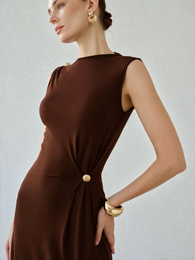 ELEGANT METAL BUCKLE KNIT WAIST DRESS, BROWN