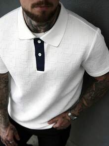 Manfinity CasualCool 男士撞色领 Polo 衫，3D 几何提花休闲短袖上衣 - 白色 - 查看 4