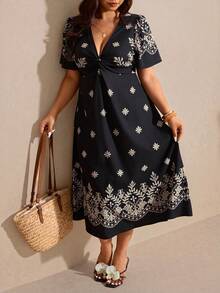 Elaquor 大码印花V领优雅派对连衣裙 - 黑色 - 查看 3