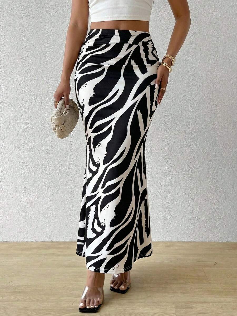 BamGleam 女士优雅度假风褶裥修身美人鱼裙摆黑色半身裙，夏季 - 黑色 - 查看 1