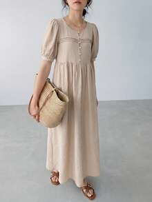 EMERY ROSE 女士休闲纯色泡泡袖连衣裙，适合度假 - 杏色 - 查看 5