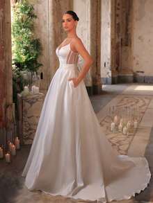 Glamrae Petite Đầm maxi satin trắng thanh lịch, tối giản, cổ chữ V, hở lưng, thắt nơ điều chỉnh được, có túi bên hông và đuôi váy dài, thích hợp làm đầm cưới. - trắng - Xem 6