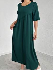 Mulvari Women's Solid Color Round Neck Pleated Casual Party Dress, Suitable For Summer Casual Long Dress - Dark Green - View 6