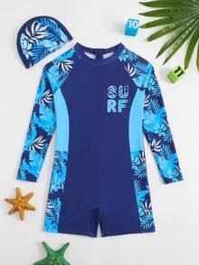 SHEIN 男童泳衣，蓝色热带印花针织面料长袖拉链连体泳衣，含泳帽，休闲男童泳装，适合游泳、暑假、海滩、泳池、节日派对等场合。 - 藍色 - 查看 3