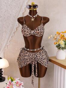 Bonvoyette Women's 3-Piece Leopard Print Swimwear Set With Beach Dress,Adjustable Straps Bikini,Tan,Summer,Casual,Beach,Vacation,Holiday Party Outfits - Multicolor - View 3