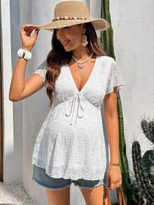 Boho Mama 夏季服装，乡村风，乡村音乐会服装，女士乡村风格，女士乡村服装，一件白色纹理面料上衣，孕妇可以作为甜美的波西米亚风度假上衣穿着。孕妇夏季休闲度假深V领系带荷叶袖娃娃衫，白色娃娃衫，高腰上衣，白色波西米亚风上衣，孕妇上衣，夏季镂空上衣，白色夏季上衣，白色镂空上衣，夏季娃娃衫，休闲夏季上衣，优雅休闲女士上衣，V领娃娃衫，女士夏季上衣，夏季娃娃衫，长款娃娃衫，女士夏季服装，孕妇装，夏季女士白色上衣，Zanzea女士连衣裙，女士裹身连衣裙，Ycv9w女士连衣裙折扣码，孕妇装，可爱孕期服装，孕妇写真服装，女士孕妇装 - 白色 - 查看 5