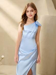 Women's Elegant Jacquard Satin One-Shoulder Bowknot Waist-Cinched High-Slit Dress, Suitable For Weddings, Galas, Birthdays, Parties, All Seasons - Blue - View 5