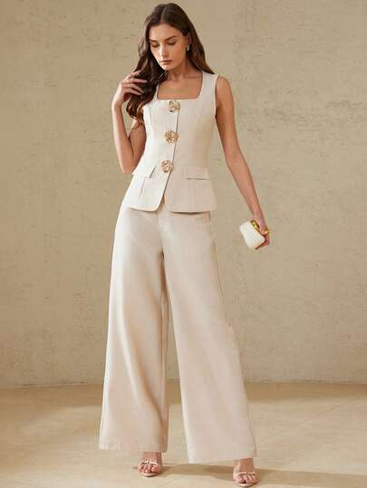 Aveloria Rosie New Elegant Apricot Square Collar Metal Button Sleeveless Vest & Wide Leg Pants Suit, Mature Workplace Outfit, Women's Suit Set
