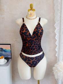 Women's Leopard Print V-Neck Tankini Swimwear Set, Casual Vacation Mature Style, Adjustable Straps, Slimming Design, Spring/Summer Animal Print Swimwear Women's Swimsuits Leopard One Piece Swimsuit Leopard Print One Piece Festival Outfits For Women Party Outfit,Beach Outfits - Multicolor - View 4