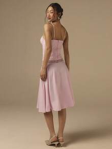 2pcs Lace Patchwork Knit Camisole And Skirt Set, Wedding Guest Outfit, Suitable For Small Bust Women, Pink Ladies 2-Piece Set, Date Outfit - Pink - View 6