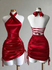 Franclia Fitted Sexy Halter Neck Criss-Cross Backless Ruched Drawstring Dress For Women - Red - View 1