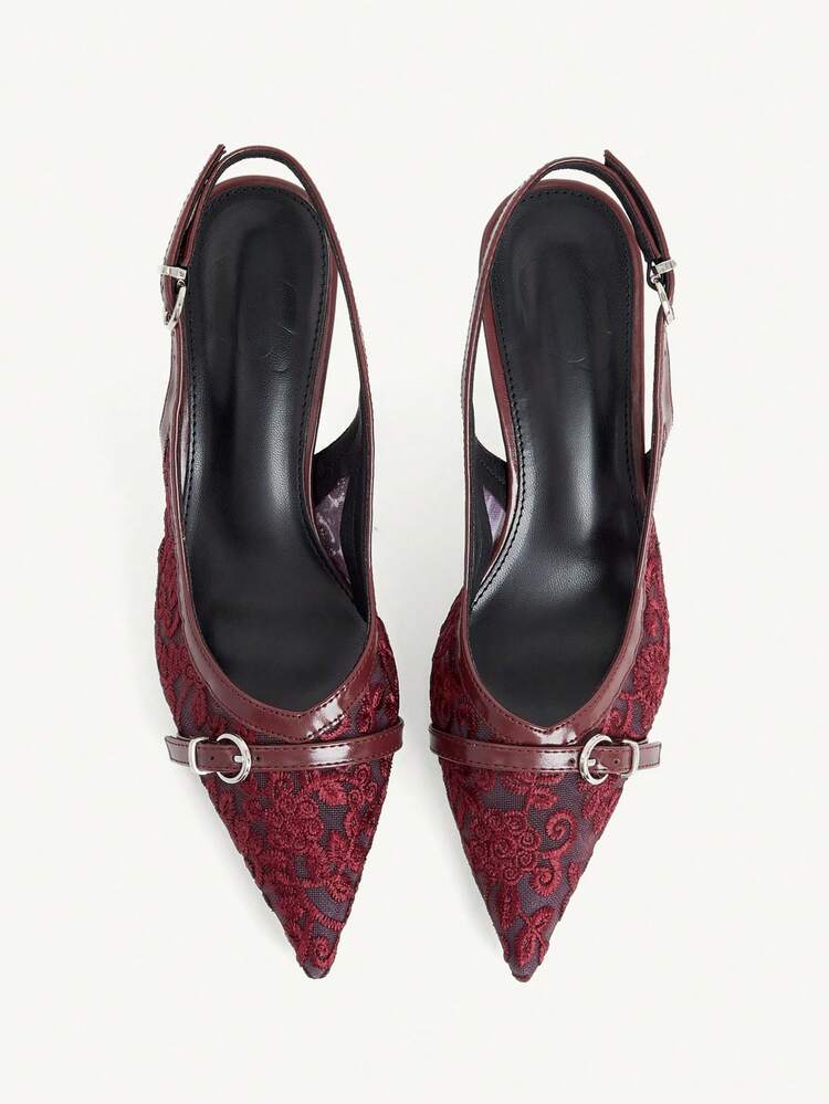 CUCCOO CHICEST Burgundy Lace Skin-Penetrating Pointed High Heels, French Romantic Retro Style, Enhances And Adds A Sense Of Sophistication, Suitable For Women Who Prefer A Romantic Atmosphere, Dating, Afternoon Tea Or Light French Clothing Are Very Suitable For Daily Going Out Wedding Shoes Summer Shoes Bride Shoes