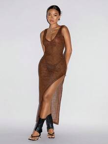 SHEIN ICON 音乐节性感露背深V高开衩连衣裙 - 卡其色 - 查看 3