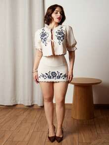 Lupita Cardoza 女式休闲花卉印花泡泡袖衬衫和迷你裙套装，夏季 - 彩色 - 查看 1