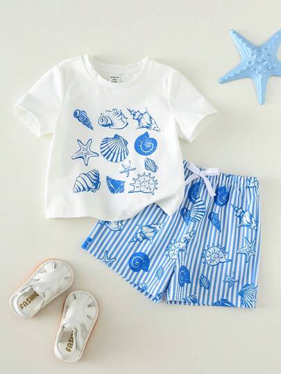 SHEIN Bộ 2 món áo thun ngắn tay và quần short họa tiết vỏ sò dễ thương cho bé trai/bé gái, thích hợp mặc mùa xuân/hè.