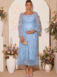 Loomaby Elegante vestido de maternidad de malla bordada con flores para fiesta - Celeste - Ver 6