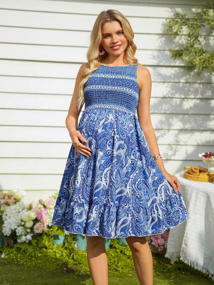 SHEIN 波西米亚印花连衣裙，休闲日常度假装，春夏孕妇装 - 藍色 - 查看 1