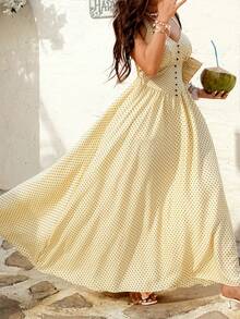 Sunnyshic Đầm maxi cổ yếm hở lưng in chấm bi dành cho nữ cỡ lớn, thích hợp cho mùa xuân/hè. - Màu vàng - Xem 1