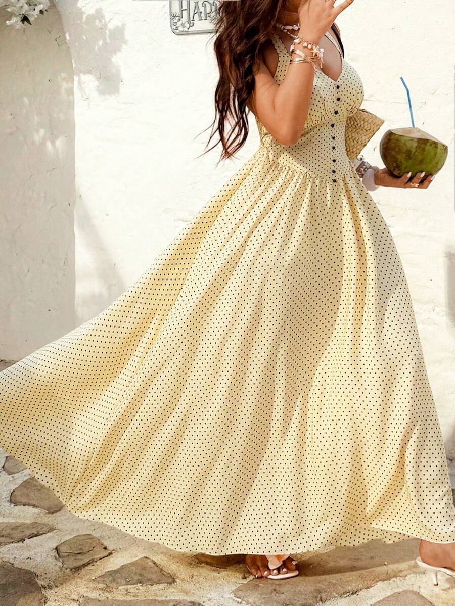 Sunnyshic Đầm maxi cổ yếm hở lưng in chấm bi dành cho nữ cỡ lớn, thích hợp cho mùa xuân/hè. - Màu vàng - Xem 1