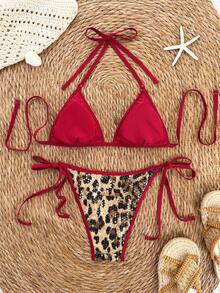 Swim Vcay 2026春夏红色吊带露背亮片豹纹拼接红色串珠泳衣两件套，适合海滩派对、性感度假 - 彩色 - 查看 2