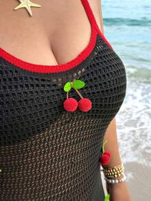 GalTyme 大码度假沙滩镂空3D樱桃装饰针织长裙 - 黑色 - 查看 2