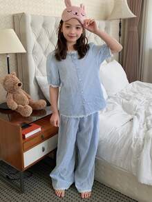 DAZY 少女泡泡袖纽扣上衣和裤子睡衣套装 - 綠色 - 查看 3