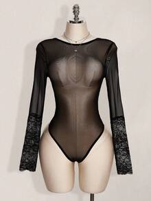 SHEIN ICON 女士时尚性感蕾丝拼接透视网纱连体衣 - 黑色 - 查看 1