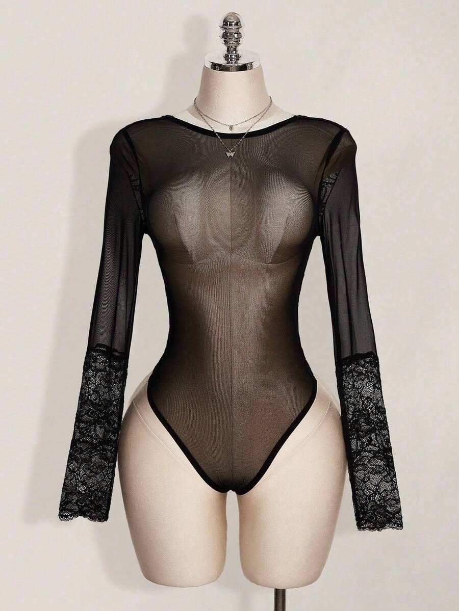 SHEIN ICON 女士时尚性感蕾丝拼接透视网纱连体衣 - 黑色 - 查看 1