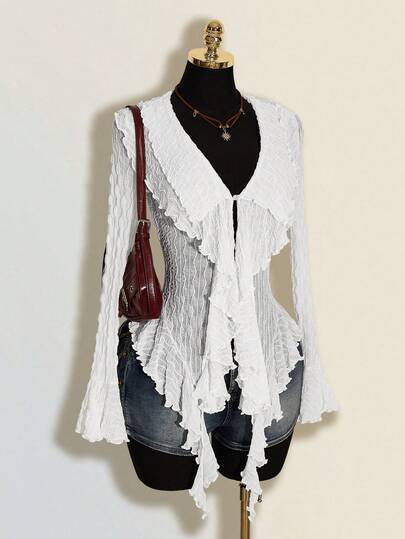 SHEIN ICON Áo kiểu nữ mùa hè màu trắng gợi cảm, cổ chữ V, tay dài, xếp ly, thích hợp đi dự tiệc, nghỉ mát, đi biển.