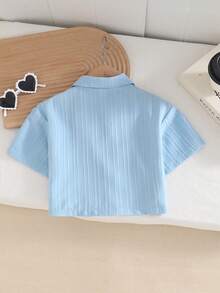 SHEIN 新款春夏女童可爱清新休闲条纹纹理面料领心形蕾丝蝴蝶结口袋衬衫 - 藍色 - 查看 3