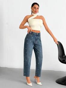 EURMUSE 100% Cotton Women's Denim Jeans With Rhinestone Detail - Medium Wash - View 5