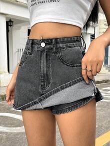 SHEIN ICON 女士休闲水洗牛仔迷你裙，夏季 - 深色水洗藍 - 查看 1