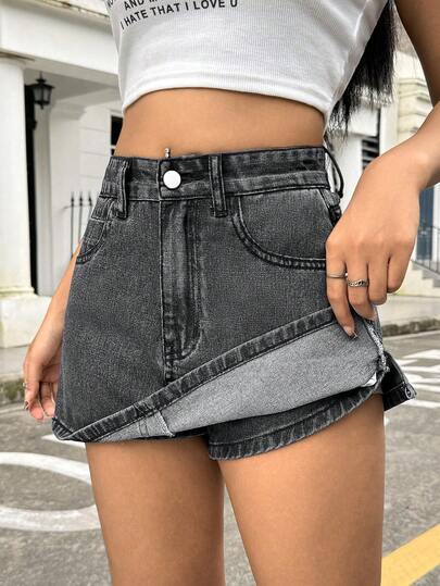 SHEIN ICON Falda mini de mezclilla lavada casual para mujer, verano