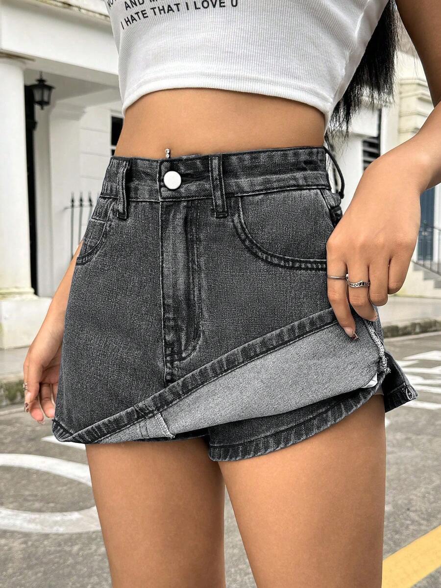 SHEIN ICON 女士休闲水洗牛仔迷你裙，夏季 - 深色水洗藍 - 查看 1