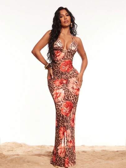 Radiana Women's Sexy Elegant Distinctive Leopard & Floral Print Beach Set, Bikini Set With Low-Cut Sheer Mesh Strap Dress 3-Piece Set, Floral Print Mesh Dress, Long Fitted Dress, Holiday Dress, Beach Outfit, Suitable For Island Vacation, Beach, Holiday Travel