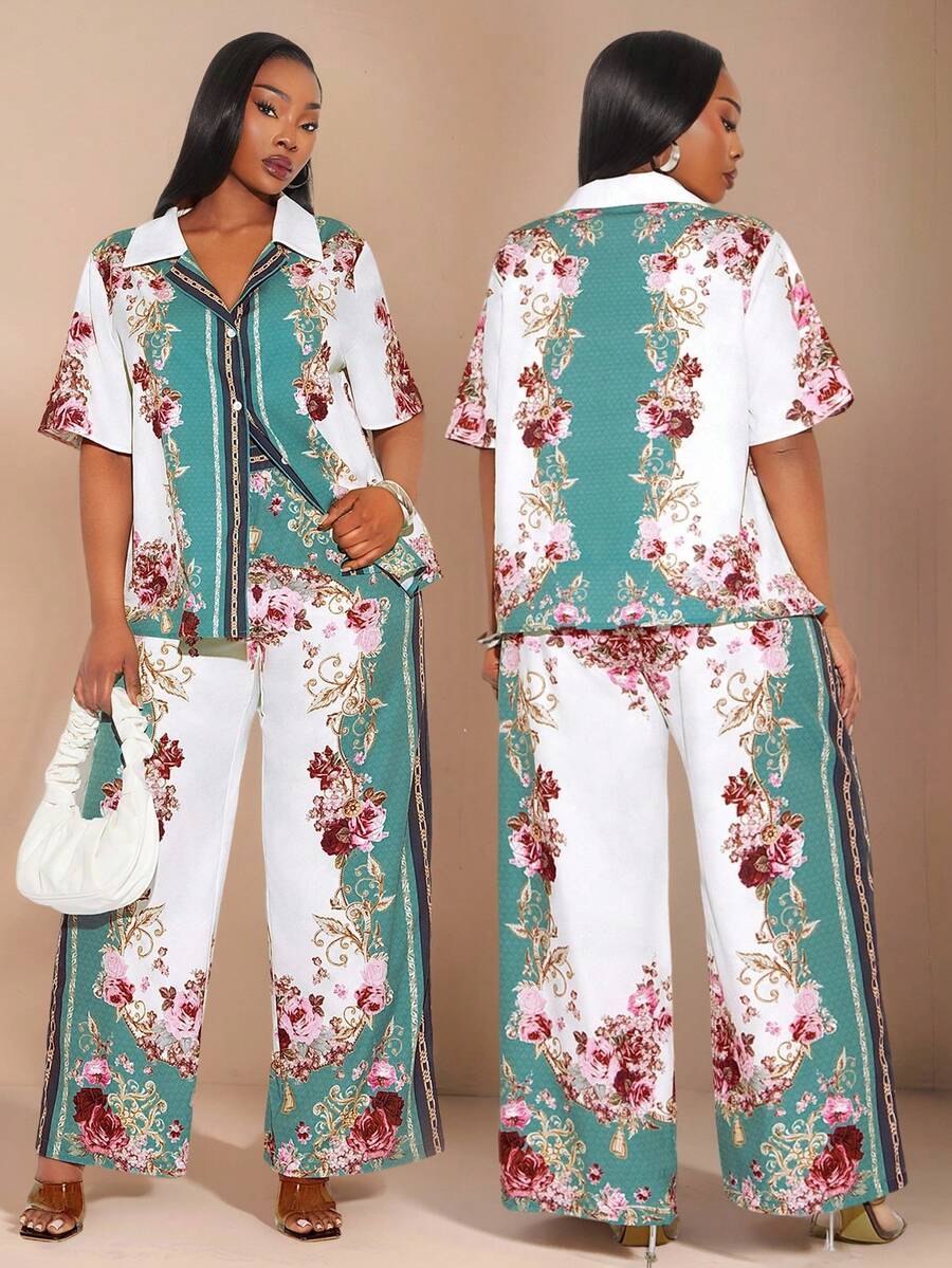 SHEIN SXY 大码女式印花短袖衬衫和阔腿裤休闲两件套 - 彩色 - 查看 1